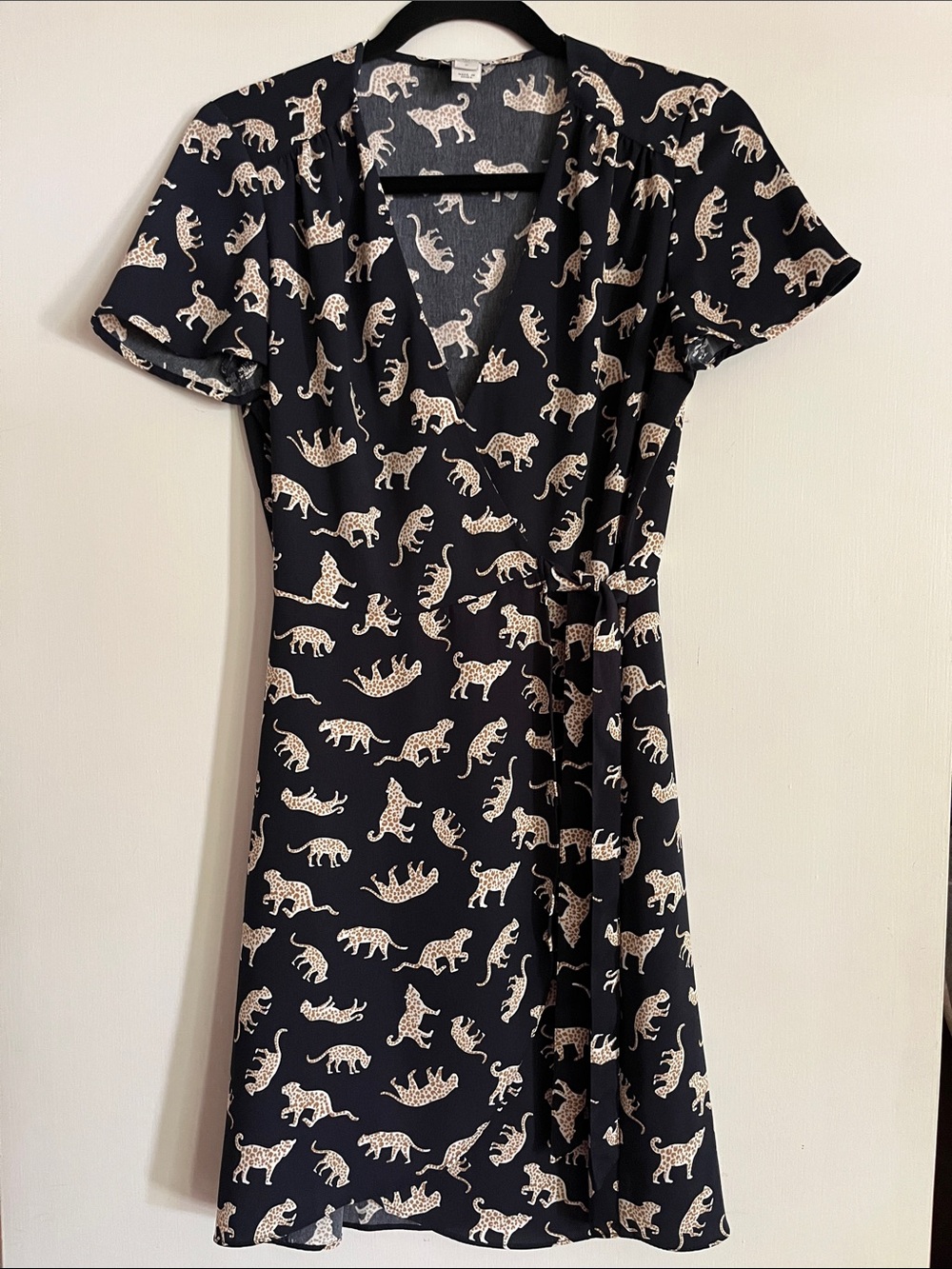 J. Crew Navy Blue Wrap Dress with Cream Leopard Print